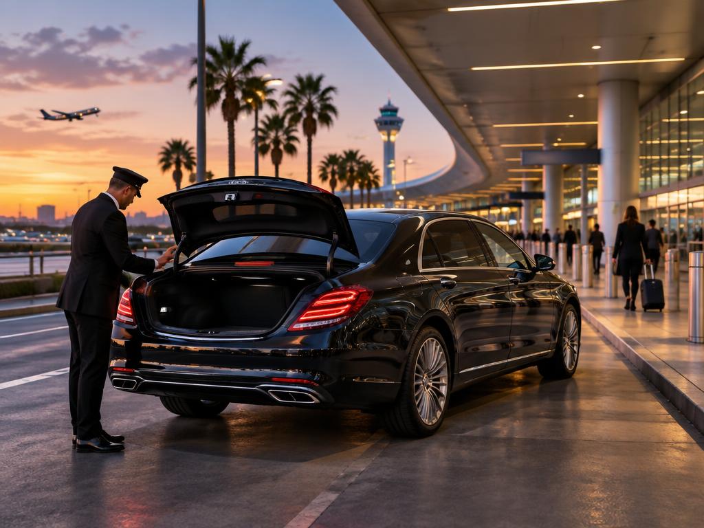 A chauffeured black sedan waiting curbside at a Los Angeles airport terminal at dusk