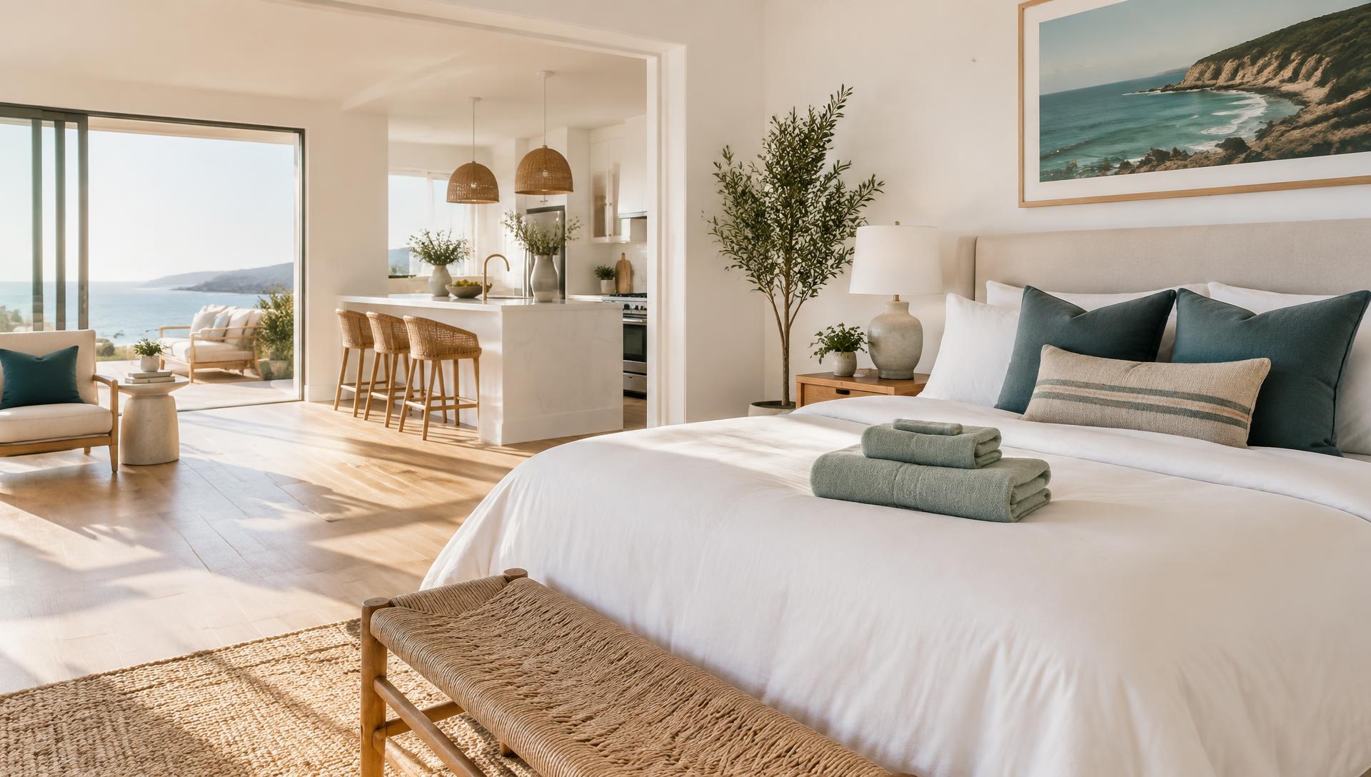 Guest-ready short-term rental bedroom with fresh linens, folded towels, and a clean coastal interior