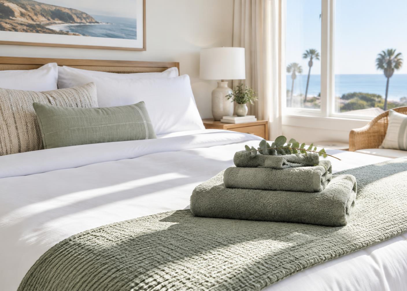 Fresh folded towels and hotel-style linens on a bright short-term rental bed