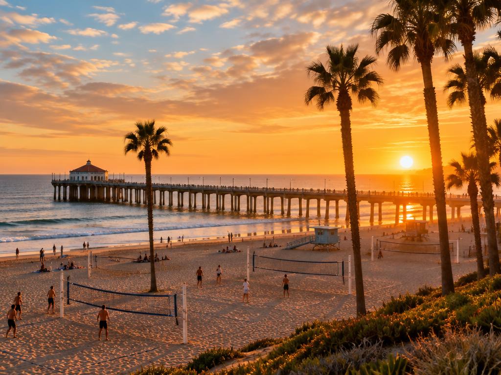 The Manhattan Beach Pier at sunset with beach volleyball courts and palm trees