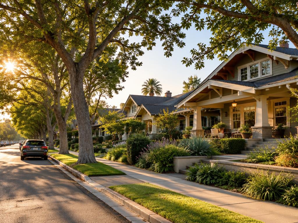 A quiet tree-lined Mar Vista street with craftsman homes in warm afternoon light