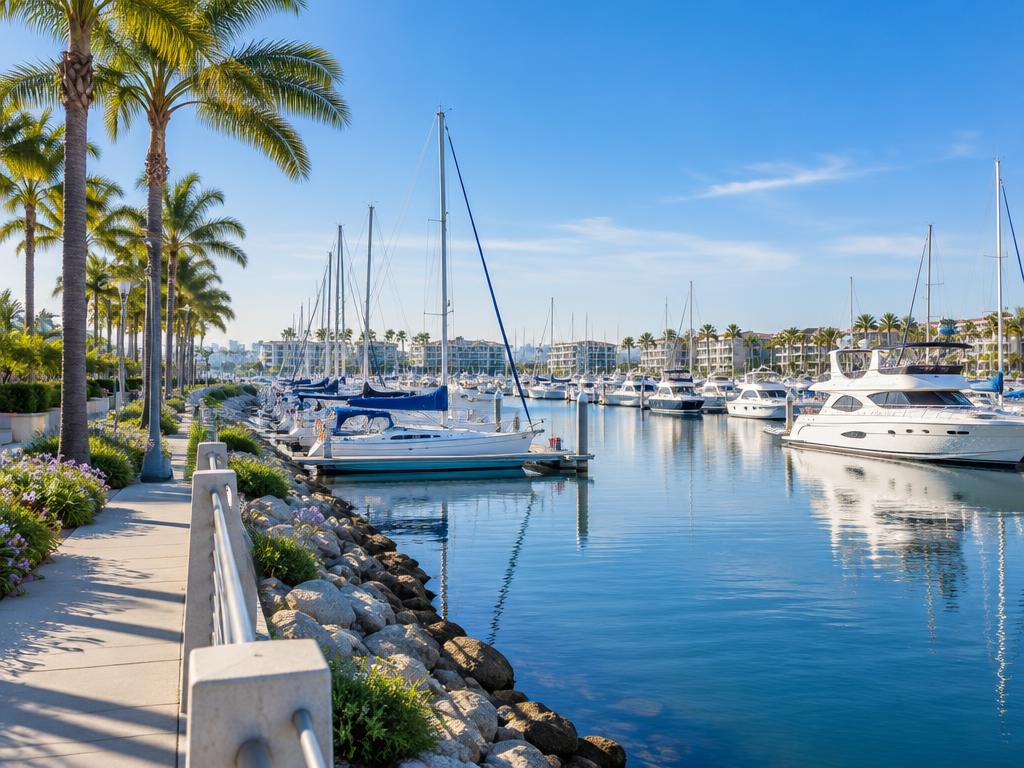 Sailboats and yachts along the Marina del Rey waterfront promenade on a sunny day