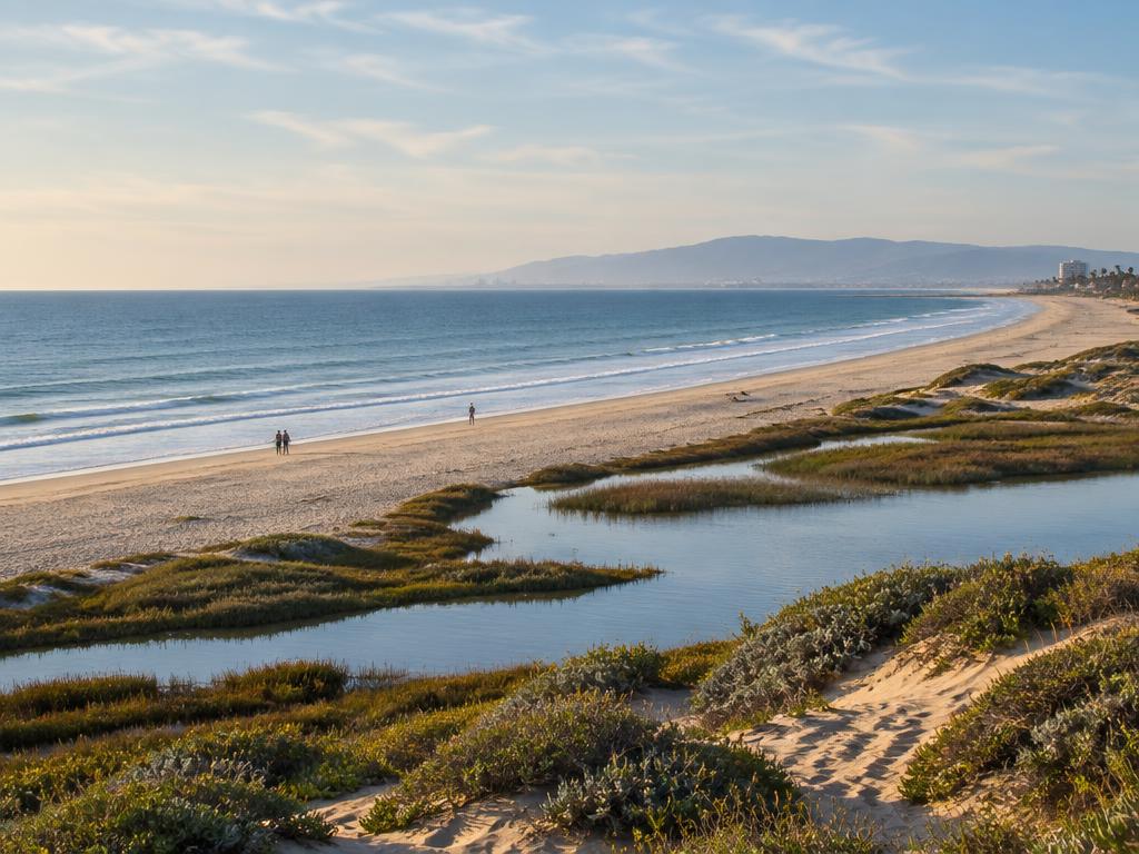 The quiet sandy beach and wetlands of Playa del Rey under soft afternoon light