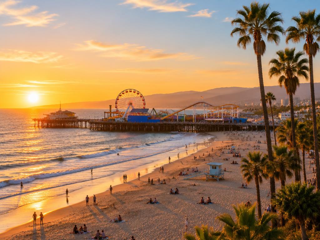 The Santa Monica Pier and beach at sunset with palm trees and the Pacific Ocean