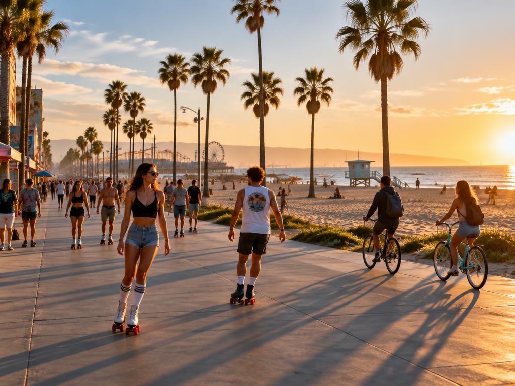 The Venice Beach Boardwalk at golden hour with palm trees, skaters, and the ocean